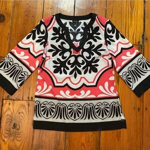 Nicole Miller Women’s Tunic Top Size 8 Black Pink Silky Oversized Career Bold